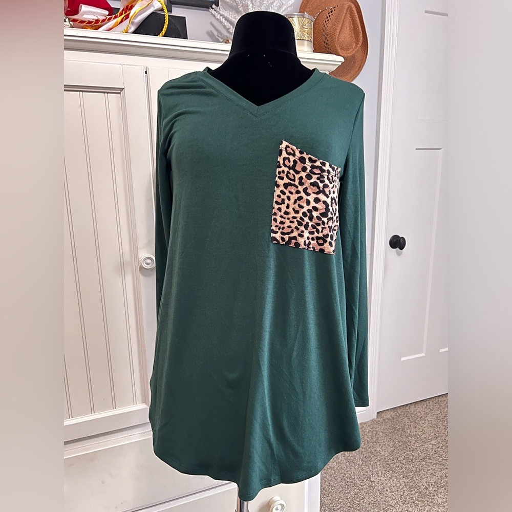 Long sleeve T-shirt. Hunter green with leopard print pocket. New with tags